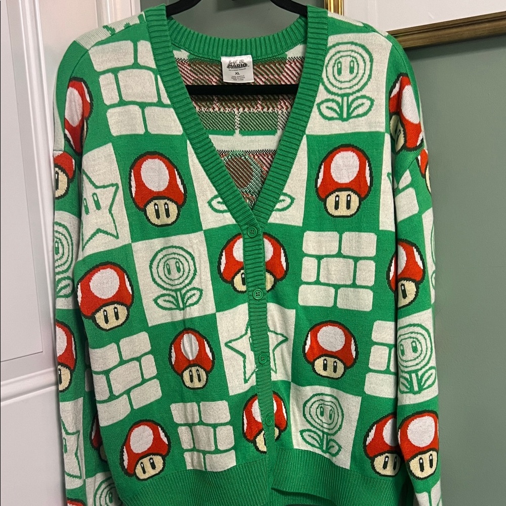 Nintendo Green V-Neck Cardigan with Red & White Mushroom Pattern